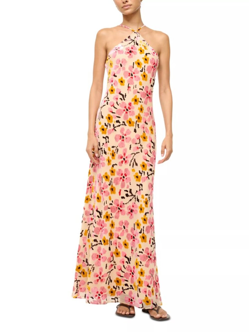 STAUD Pink & Yellow Floral Halter Maxi Dress